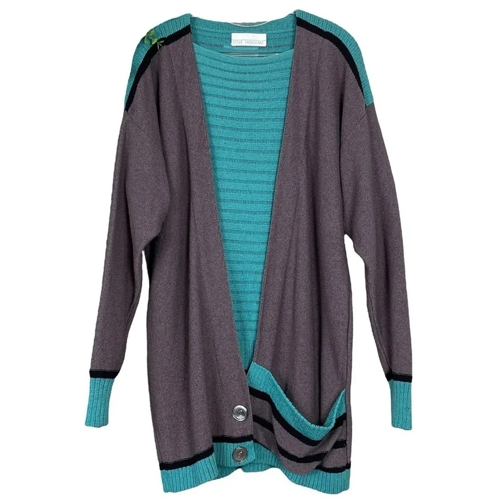 Vtg Steve Fabrikant 2 Pc Set Knit Cardigan Sweater Top Teal Green Gray Size M